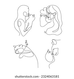 Happy Woman with Cat line art. Female Character Caring of Pet Kitten. Communication, Love, Care of Animals Concept. Friendship between Human and animals. Continuous Line drawing Vector Illustration