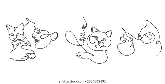 Happy Woman with Cat line art. Female Character Caring of Pet Kitten. Communication, Love, Care of Animals Concept. Friendship between Human and animals. Continuous Line drawing Vector Illustration