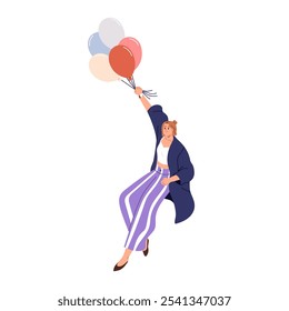 Happy woman catching balloons. Joyful female holding helium baloons, floating in air. Smiling girl with ballons in hand, soaring, playing. Flat vector illustration isolated on white background