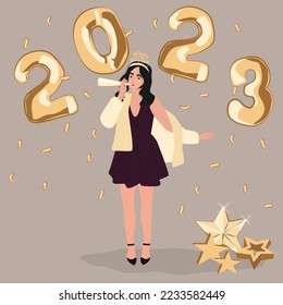 Happy woman celebrate New Year 2023. Young Women at Fun Party with Balloon Numbers and Fireworks. Flat Vector Illustration