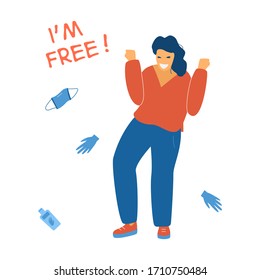 Happy woman celebrates end of coronavirus epidemic and quarantine.  Freedom from potective mask, gloves, sanitizer which are no longer needed. Flat vector illustration.