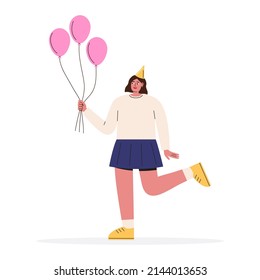 Happy woman celebrating birthday with Balloons. Flat vector illustration isolated on white background.