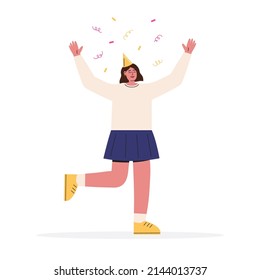 Happy woman celebrating birthday with confetti. Flat vector illustration isolated on white background.
