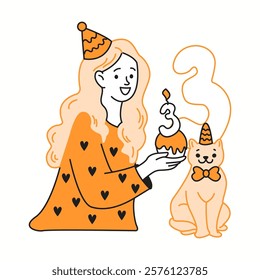 Happy woman celebrating cat birthday orange color linear icon. Lady giving cupcake with candle to pet for holiday character doodle simple illustration