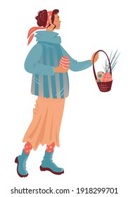 Happy woman celebrating Easter and holding Easter eggs. Traditional spring holidays design elements and characters. Trendy vector illustration.