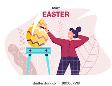 Happy woman celebrating Easter and painting Easter eggs. Traditional spring holidays design elements and characters.Happy Easter. Giant Easter eggs and people preparing for a party