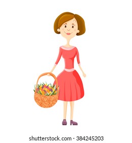 Happy woman celebrating Easter. Happy Easter vector illustration. Woman holds basket with traditional color eggs. Bright Easter eggs with leaves in basket. Isolated on white background.
