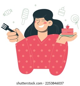 Happy woman celebrating with a piece of cake. Flat vector minimalist illustrations of free time spending and hobbies
