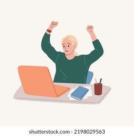 Happy woman celebrating success at work. Concept of triumph, luck, achievement. Excited winner receiving a reward. Good news. Flat vector illustration.