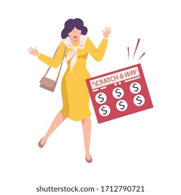 Happy Woman Celebrating Winning of Money in Lottery Flat Vector Illustration