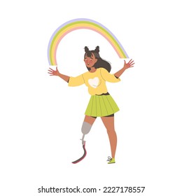 Happy Woman Character with Artificial Leg Sharing Positive Vibes with Rainbow Vector Illustration