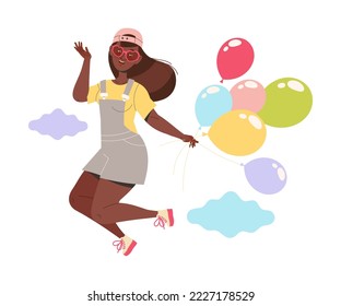 Happy Woman Character with Bunch of Balloons Jumping Sharing Positive Vibes Vector Illustration