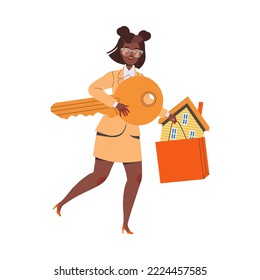 Happy Woman Character Buying Real Estate and Residential House Vector Illustration