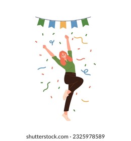 Happy woman character celebrating win or goal achievement jumping from joy and fun under confetti