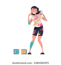 Happy Woman Character in Color Paints with Stains on Clothes Having Fun Vector Illustration