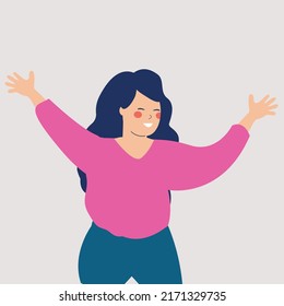 Happy Woman Character Full Of Energy With Raised Hands. A Joyful Female Waves Her Hands With Her Open Arms. Concept Of Events, Positive Vibes And Mental Wellbeing. Vector Illustration