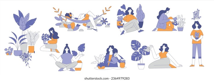 Happy Woman Character with Growing Plant Enjoying Rest Vector Set