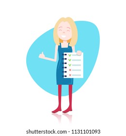 happy woman character holding checklist survey exam form paper template for design work or animation over white background full length flat vector illustration