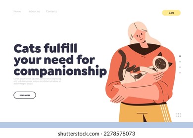 Happy woman character holding fluffy kitten in arms vector illustration. Landing page template for domestic animal shelter offer cute thoroughbred cat adoption services. Pets companionship concept