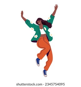 Happy woman character jumping from joy in modern clothes. Flat vector illustration.