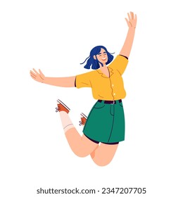 Happy woman character jumping from joy in modern clothes. Flat vector illustration.