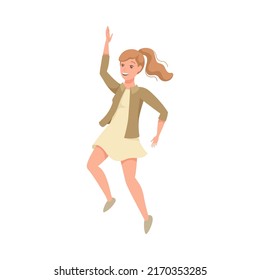 Happy Woman Character Jumping with Raised Hands Vector Illustration