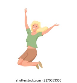 Happy Woman Character Jumping with Raised Hands Vector Illustration