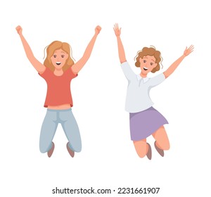 Happy Woman Character Jumping with Raised Hands Vector Set