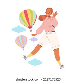 Happy Woman Character Jumping Sharing Positive Vibes and Flying Hot Air Balloons Vector Illustration