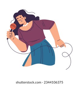 Happy Woman Character with Microphone Singing Song Enjoying Her Hobby Vector Illustration