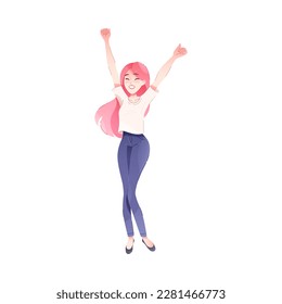 Happy Woman Character Rejoicing and Cheering Vector Illustration