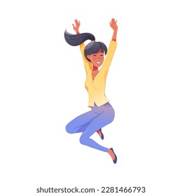 Happy Woman Character Rejoicing and Cheering Jumping Vector Illustration