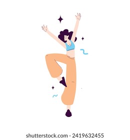 Happy Woman Character Rejoicing and Cheering with Raised Up Hand and Confetti Vector Illustration