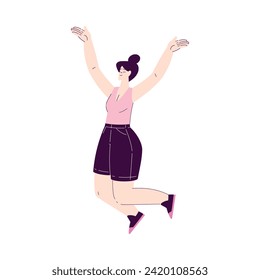 Happy Woman Character Rejoicing and Cheering with Raised Up Hands Vector Illustration