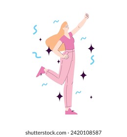 Happy Woman Character Rejoicing and Cheering with Confetti Vector Illustration