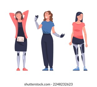 Happy Woman Character with Replaced Robotic Body Part Prosthesis Restoring Normal Functioning Vector Set