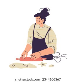 Happy Woman Character with Rolling Pin Baking at Kitchen Enjoying Her Hobby Vector Illustration