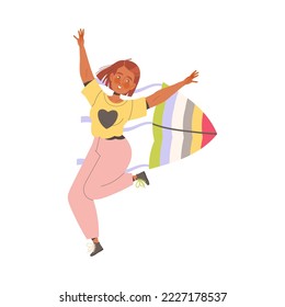 Happy Woman Character Sharing Positive Vibes Flying with Bright Kite Vector Illustration