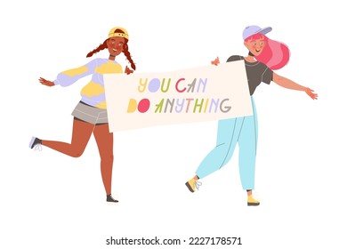 Happy Woman Character Sharing Positive Vibes Carrying Placard with Motivation Inscription Vector Illustration