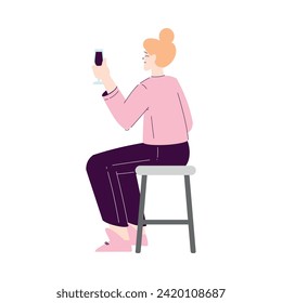 Happy Woman Character Sitting with Glass of Wine at Party Celebration Rejoicing and Cheering Vector Illustration