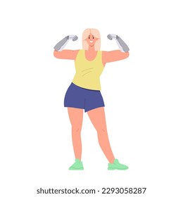 Happy woman character smiling and posing showing power strength of new bionic arms prosthesis