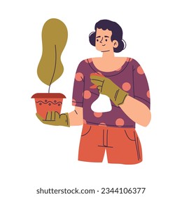 Happy Woman Character Spraying Houseplant in Pot Enjoying Her Hobby Vector Illustration