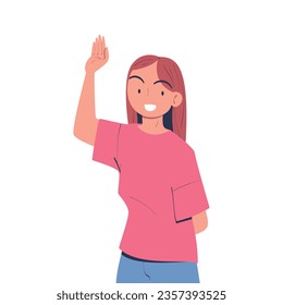 Happy Woman Character Waving Hand and Smiling Vector Illustration