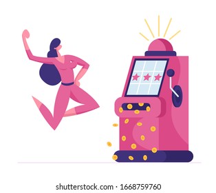 Happy Woman Character Win Jackpot on One-armed Bandit in Casino or Gaming House. Lucky Player Jumping and Rejoice with Hands Up. Las Vegas Nightlife Business Industry. Cartoon Vector Illustration