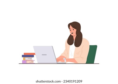 Happy woman character working or studying online using laptop computer isolated on white background