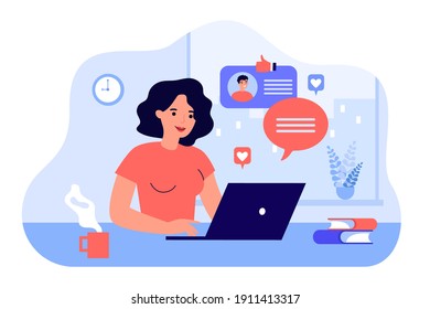 Happy woman chatting or dating with boyfriend online flat vector illustration. Cartoon young lady searching for romantic partner on internet. Relationship and computer service concept