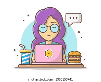 Happy Woman Chatting and Doing Task with Hamburger, French Fries, and Soda Vector Illustration. Flat Cartoon Style Suitable for Web Landing Page, Banner, Flyer, Sticker, Wallpaper, Card, Background