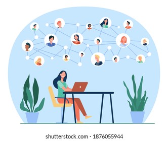 Happy woman chatting with friends online. Laptop, social media, desk flat vector illustration. Network and communication concept for banner, website design or landing web page