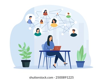 Happy woman chatting with friends online. Business process outsourcing, outplacement, offshore software. Vector illustration.