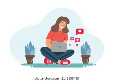 Happy woman is chatting on a laptop. Date app, love letters, looking for a partner concept. Long distance relationships. Flat style.